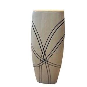 Norcal Modern White Ceramic Vase 10"  Blk Geometric Line Design Minimalist Decor